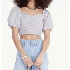 J. Crew Cotton Striped Puff Sleeve Smocked Cropped Top